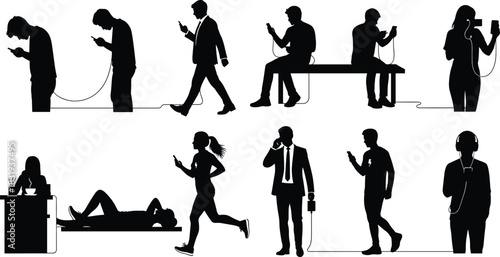 Smartphone, dependence, silhouette, user, cord, posture, digital, addiction, mobile, device, vector, black, pose, technology, connection, behavior, modern, lifestyle, metaphor, flavector