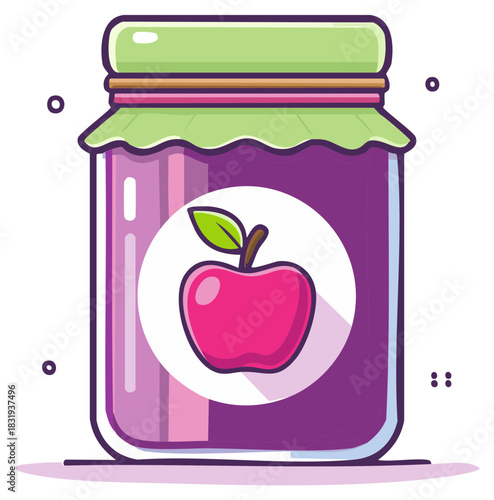 Glass jar filled with delicious purple apple jam featuring a simple apple icon