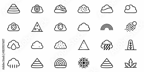 Collection of weather icons including clouds rain rainbow and sun in simple black line drawing style