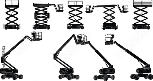 Title: Set of Aerial Work Platforms, Boom Lifts, and Scissor Lifts Silhouettes Vector Illustration, Isolated on White Background for Construction, Maintenance, 