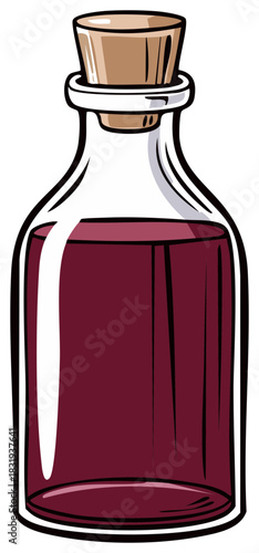 Illustration of a vintage glass bottle with a cork stopper filled with a red magic potion or elixir