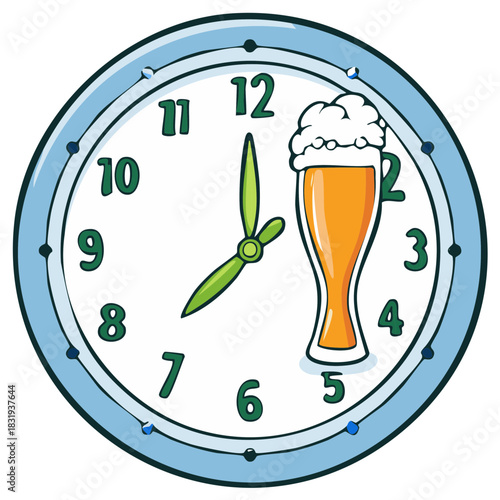 Cartoon Clock with Glass of Beer Hour Concept Time for Drinks Relaxing After Work Beverages Refreshment Illustration