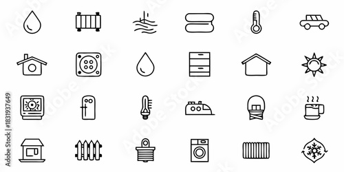 Collection of assorted household and weather related icons in a simple outline style design set up