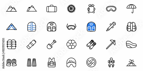 Illustration of various outdoor adventure and camping related icons arranged in a grid pattern style