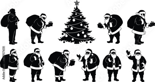 Santa, Claus, silhouette, Christmas, tree, gift, sack, ornament, star, festive, holiday, vector, black, pose, celebration, seasonal, tradition, decoration, joy, flavector