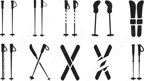 Set of ten black silhouette ski poles and skis in various arrangements and styles on a white background