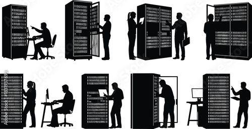 Server, rack, workstation, silhouette, IT, technician, maintenance, monitoring, configuration, computer, panel, vector, black, pose, infrastructure, data, center, setup, technology, flavector