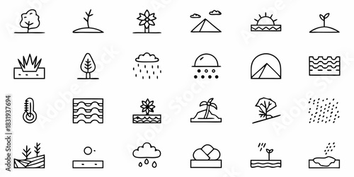 Collection of nature and weather icons including trees, plants, rain, sun, and other natural elements