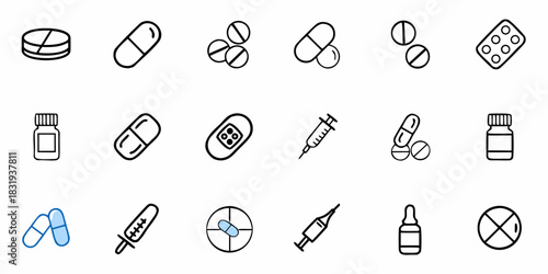 Collection of medical icons featuring pills capsules syringes and other healthcare related symbols