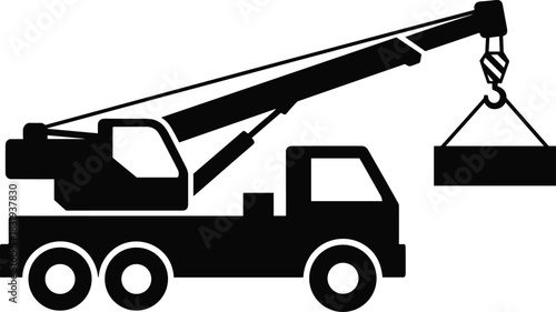 Mobile, crane, truck, lifting, load, silhouette, hook, cable, boom, wheels, vector, black, pose, construction, logistics, transport, elevation, equipment, infrastructure, flavector