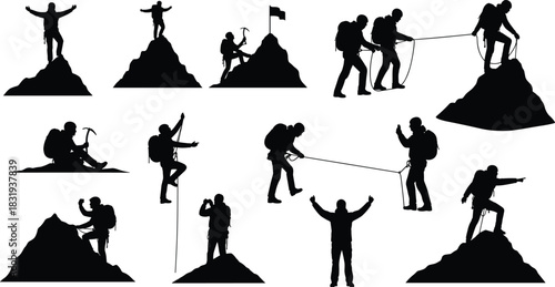 Mountain climbing silhouette vector pack, set of isolated black climbers and hikers reaching the peak, adventure success sport achievement concept, outdoor expedition icon.