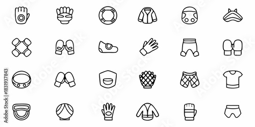 Line drawing of various sports equipment including gloves pads and protective gear in a grid pattern