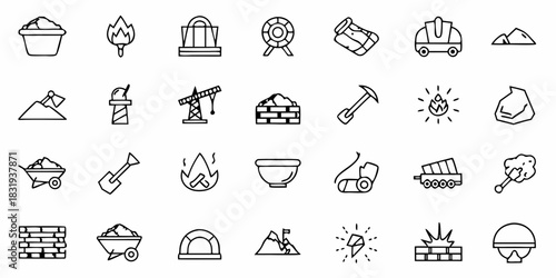 Illustration of mining related symbols including tools, equipment, and geological formations icons set