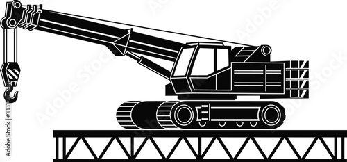 Mobile crane vector illustration, telescopic boom, construction equipment, heavy machinery, black and white silhouette, truss platform, industrial lifting gear, flavector
