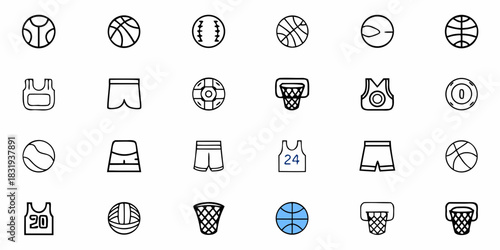 Collection of basketball themed icons including balls jerseys shorts and hoops in outline style