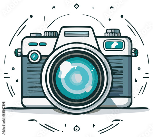 Modern cartoon camera illustration with teal details representing photography and digital media