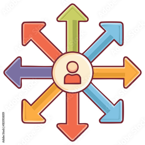Colorful cartoon icon of a person with arrows pointing in multiple directions representing choices and opportunities.