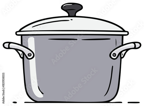 Simple gray cooking pot with lid and handles, isolated illustration.