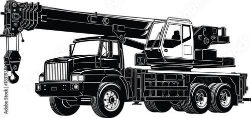 Mobile crane truck vector illustration with boom arm, heavy-duty wheels, lifting hook, construction equipment, silhouette, engineering transport vehicle