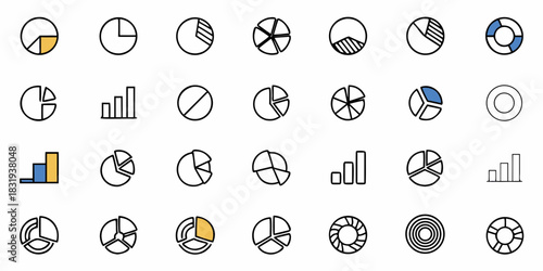 Illustration of various pie charts and bar graphs arranged in a grid pattern on a white background