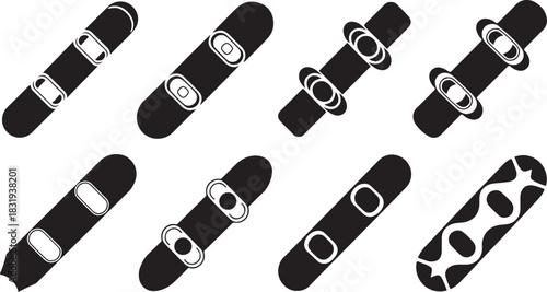 Snowboards with bindings in various styles and patterns on a white background (45) silhouette