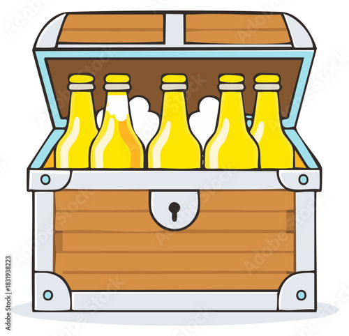Cartoon treasure chest filled with bottles of liquid
