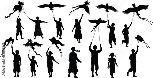 Kite, flying, silhouette, festival, tradition, bird, dragon, streamers, posture, outdoor, vector, black, joy, activity, cultural, celebration, child, adult, sky, flavector