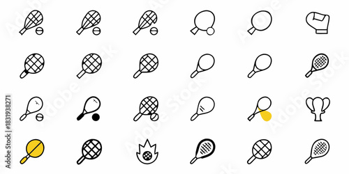 Illustration showing multiple sports equipment including various rackets balls and a boxing glove icon set