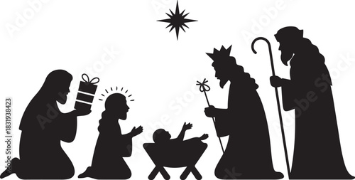 Birth of Christ, baby Jesus reaching the Magi bear gifts, three wise kings and star of Bethlehem, nativity Christmas graphics design .vector illustration silhouette with out background