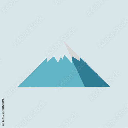 Stylized Mountain Peak with Snow Cap in Teal and Blue Tones on Light Blue Background