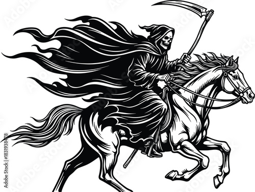 Grim Reaper riding horse vector illustration of death, skeleton with scythe, dark fantasy horror art for Halloween and gothic themes