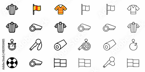 Illustration showing various soccer referee equipment including shirts flags whistles and other game tools