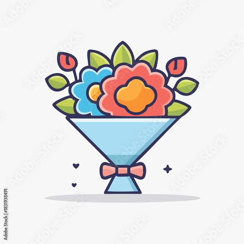 Pixel Art Bouquet of Flowers with Red and Blue Petals Tied with a Light Blue Bow