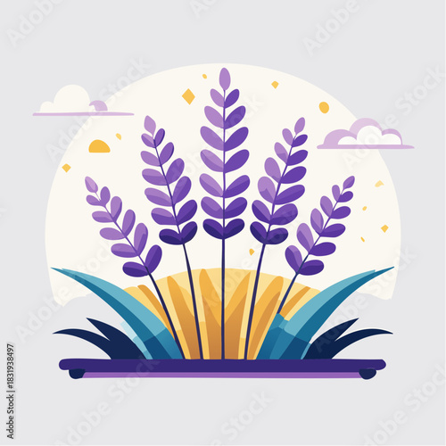 Purple Lavender Flowers Bloom Under A Yellow Sun With Soft Clouds In A Calm And Serene Landscape