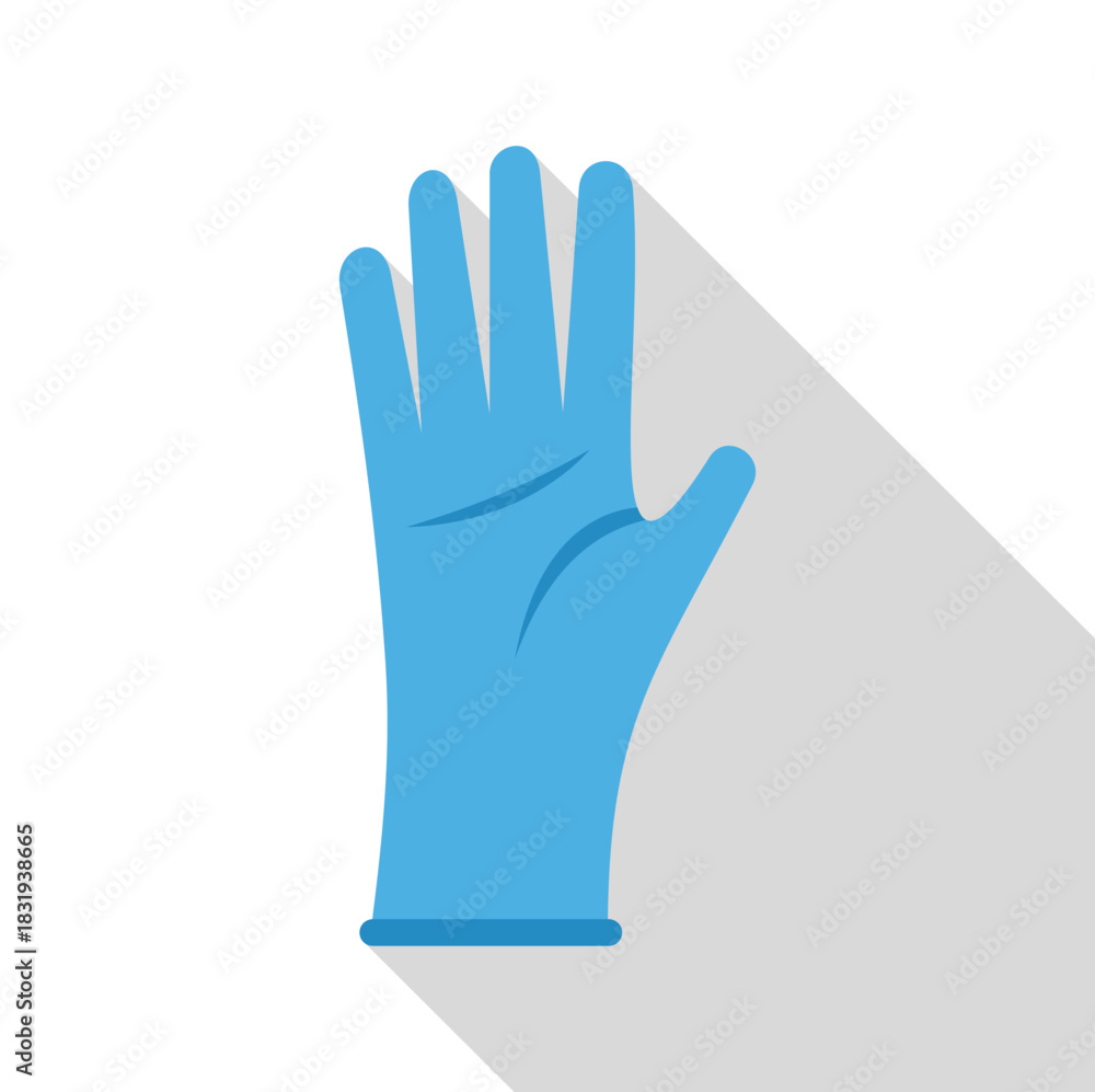 Obraz premium Medical blue latex glove showing open hand gesture with long shadow, ideal for healthcare and hygiene concepts