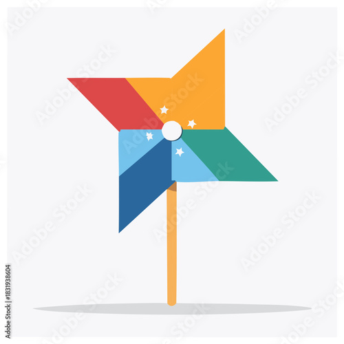 Colorful pinwheel illustration with stars on white background.