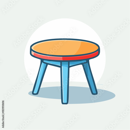 Simple Three Legged Stool With Orange Top And Blue Base And Legs Isolated On White Circle Background