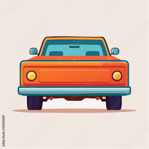 Vintage Orange Pickup Truck With Teal Interior And Blue Tires Viewed From Front Against A Light Beige Background