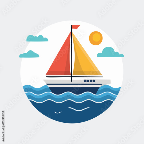Flat Design Sailboat Navigating Blue Wavy Ocean Under Bright Sunny Sky with Fluffy Clouds
