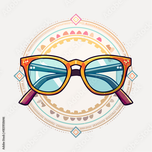Stylized Pixel Art Orange Eyeglasses With Translucent Lenses Centered Within An Intricate Boho Circular Pattern Featuring Geometric Shapes And Earthy Tones Against A Light Background