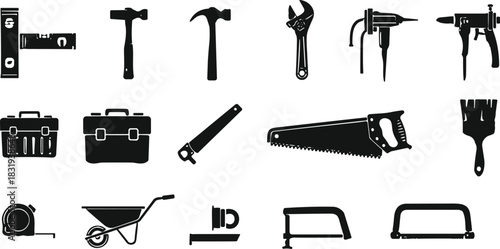 Hand tools and equipment silhouette set for construction and carpentry, black vector illustration for trades, maintenance, or industrial-themed stock image template