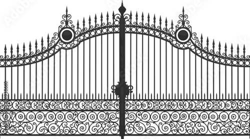 Ornate Wrought Iron Gate Isolated on White Background, Elegant Driveway Entrance, Vintage Black Metal Fence, Detailed Scrollwork, Architecture, Security