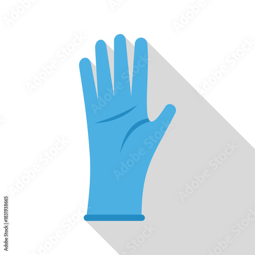Medical blue latex glove showing open hand gesture with long shadow, ideal for healthcare and hygiene concepts