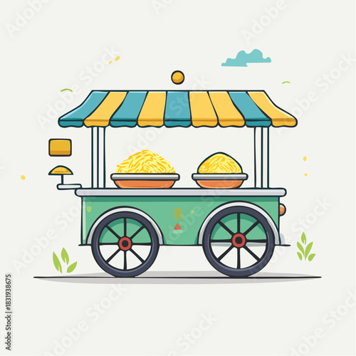 Colorful Food Cart With Yellow Noodles And Turquoise Awning On A Sunny Day