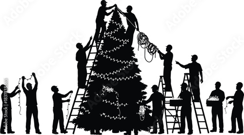 Group of people decorating giant Christmas tree silhouette vector, friends teamwork preparing holiday celebration, hanging string lights and garland, winter season festive concept illustration.