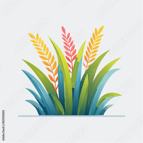 Vibrant green grass with yellow and pink stalks in a cluster on a light gray background with subtle shadow detail