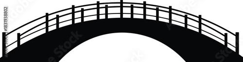 flavector, Simple black and white silhouette of a curved pedestrian arch bridge with railings, representing infrastructure, connection, pathway, engineering in a vector.