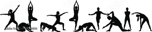 flavector, Silhouettes of women performing various popular yoga poses and stretching exercises, illustrating fitness, wellness, meditation, health, and a 