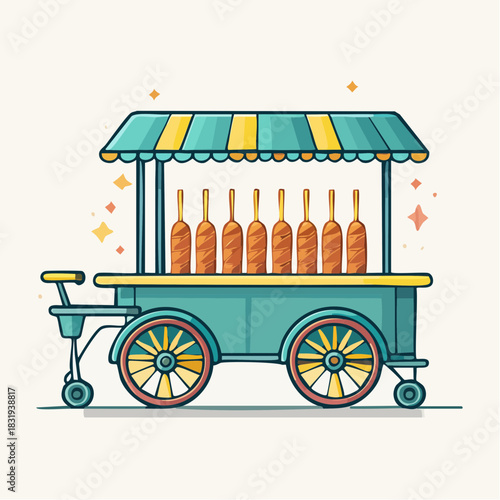 Colorful Food Cart with Hot Dogs Under Striped Awning and Sparkle Accents in a Whimsical Style
