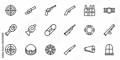 A collection of paintball equipment including guns targets and protective gear in outline style
